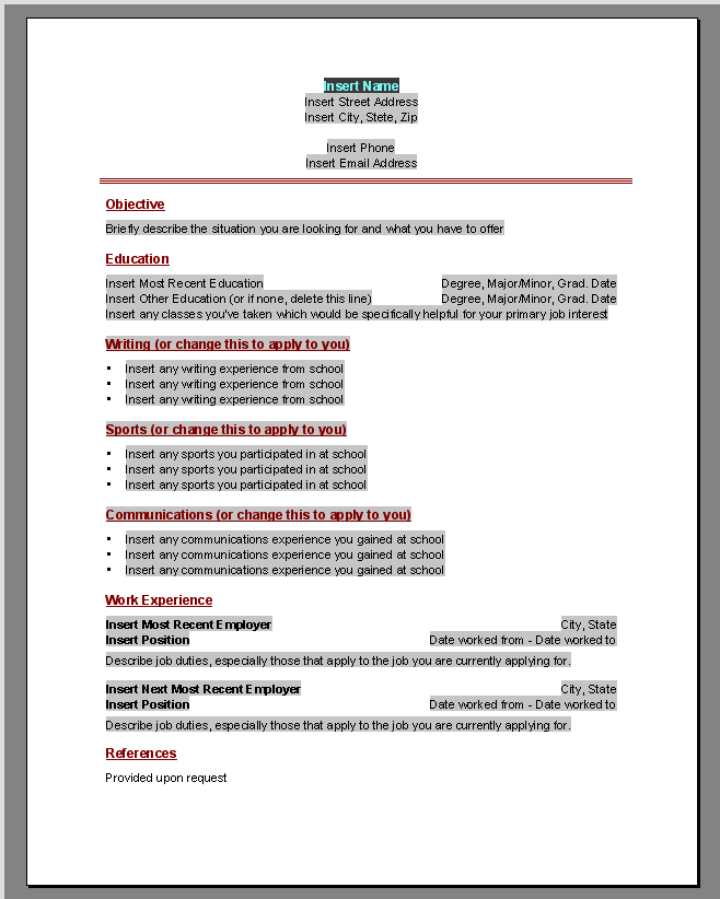 Just Out Of School Resume Template