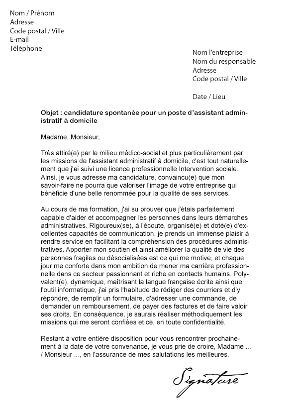 Lettre de motivation Assistant administratif à domicile 