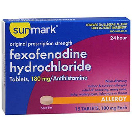 Symptoms may be relieved within . Sunmark Fexofenadine Hydrochloride 180 mg Tablets - 15 ct