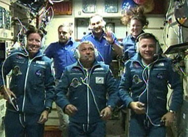 The Expedition 24 crew aboard the ISS. Pic: NASA TV