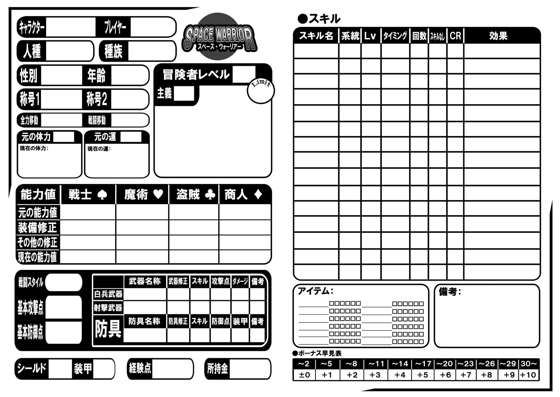 スペースウォーリアーｔｒｐｇ キャラクターシート パンプキンズ ギャラリー