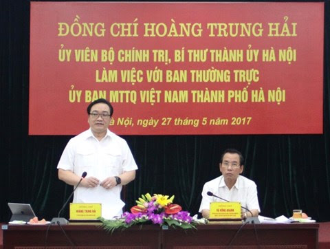 Bí thư Thành ủy Hà Nội Hoàng Trung Hải phát biểu tại buổi làm việc