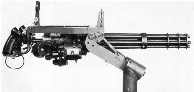 General Electric M134 Minigun machine gun of Vietnam war (late 1960s) era, on pedestal mount.