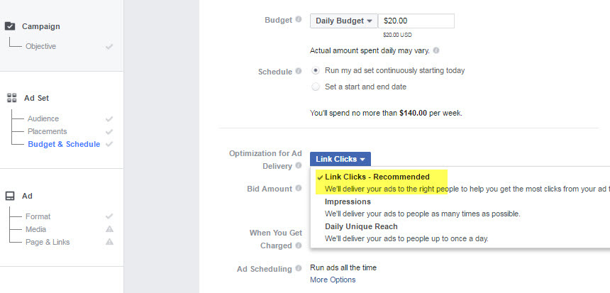 Facebook ads optimize for link clicks