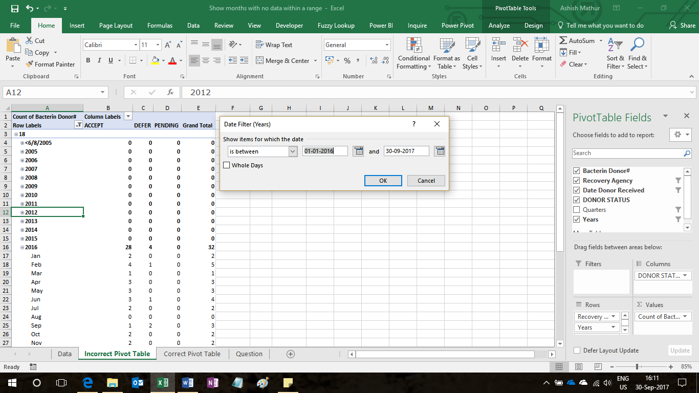 Show Months With No Data Which Fall Within A Certain Date Range Of A Pivot Table