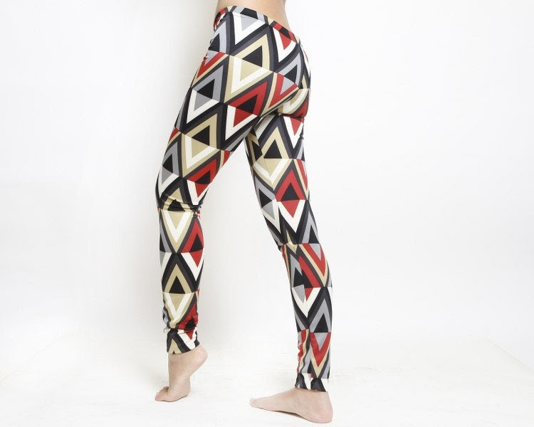 Red Black And Grey Women Leggings / Geometric Print Tights / Diamonds Print Leggings / Women Clothing / Women Pants - NoaRubinFashion