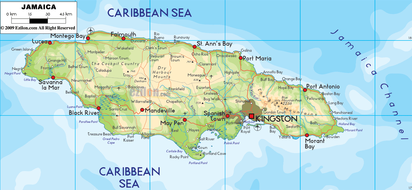 Physical Map of Jamaica  Ezilon Maps