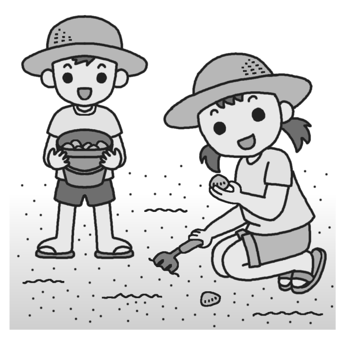 潮干狩り1 モノクロ 釣りの無料イラスト 夏の季節素材