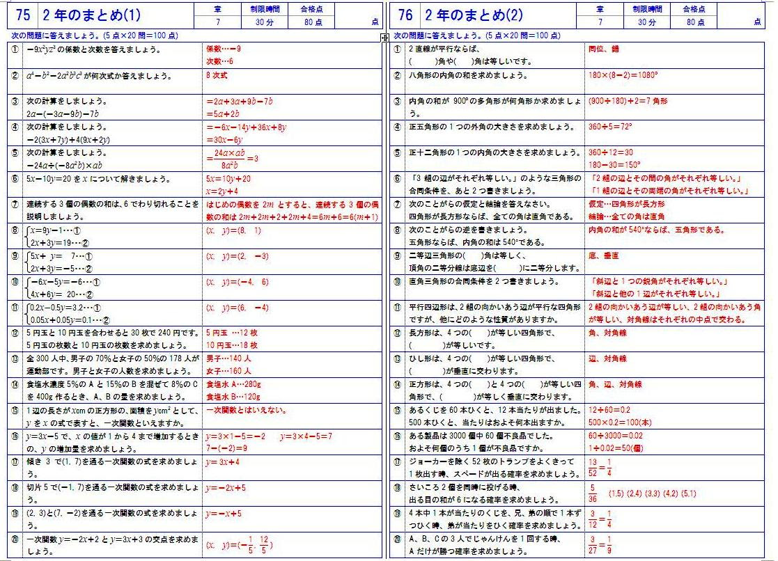 中学生用 数学の無料学習プリントファイル