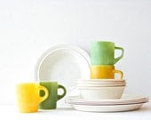 Vintage 1960s Anchor Hocking Fire-King Ware Mugs - Set of 4, Lemon Yellow, Pale Avocado Green, Vintage Kitchen, Spring Home Decor - msjeannieology