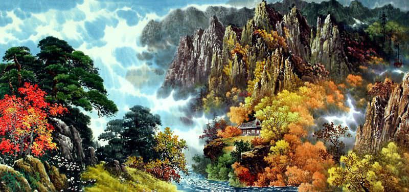 love birds calligraphy Landscape Landscapes  North Korean Painting of Autumn