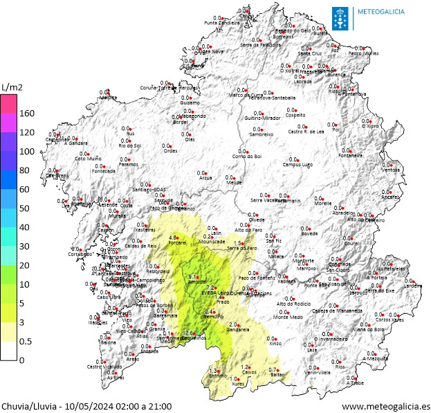 Mapa de lluvia acumulada hoy en Galicia