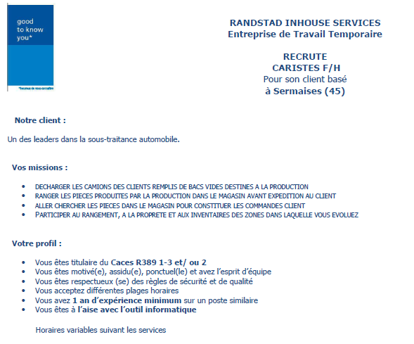 OFFRE D'EMPLOI : CARISTE