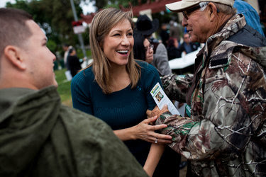 Amanda Renteria, a Democratic candidate for Congress, with supporters at a recent campaign event in Sanger, Calif.