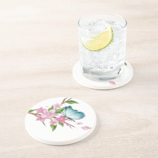 Watercolor Butterfly and Blossoms Drink Coasters