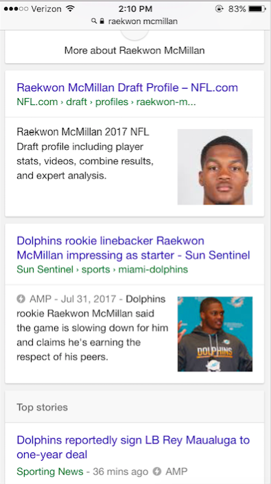Screenshot of mobile SERP for query "Raekwon McMillan"