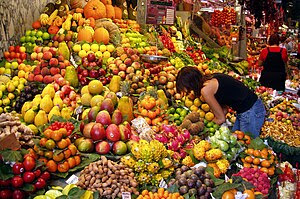 Fruit stall in a market in Barcelona, Spain. F...