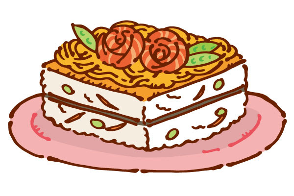 無料素材 ケーキ風に盛りつけられたひな祭りのカワイイちらし寿司のイラスト