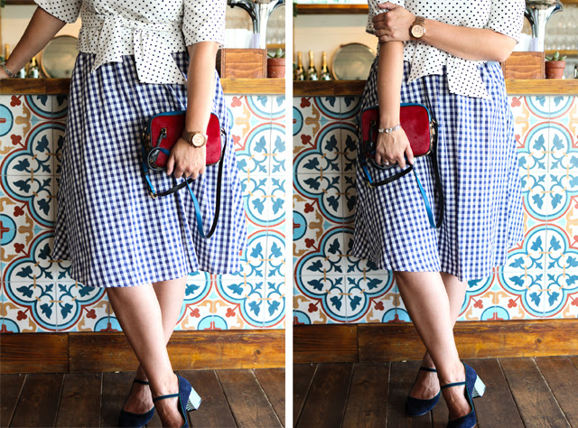 Outfit: Gingham Skirt, Polka Dot Shirt and J Crew Crossbody Bag