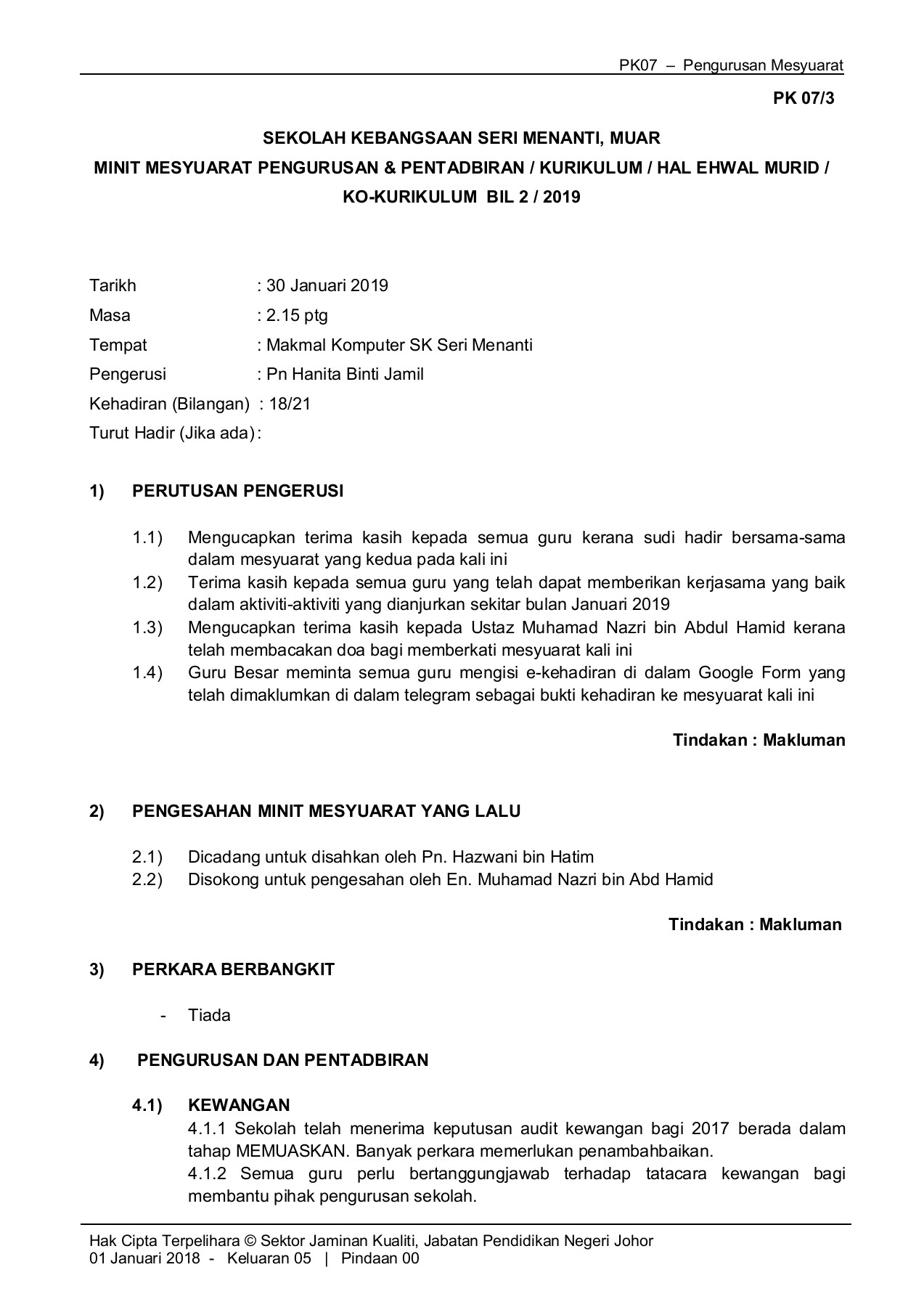 Contoh Minit Mesyuarat Pengurusan Jabatan