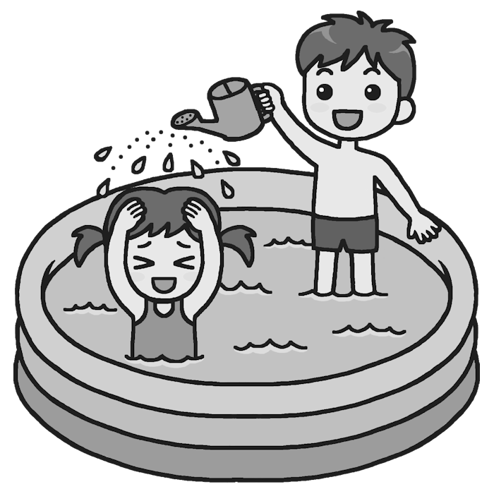 プール遊び2 モノクロ プール 水遊びの無料イラスト 夏の季節 行事 保育素材