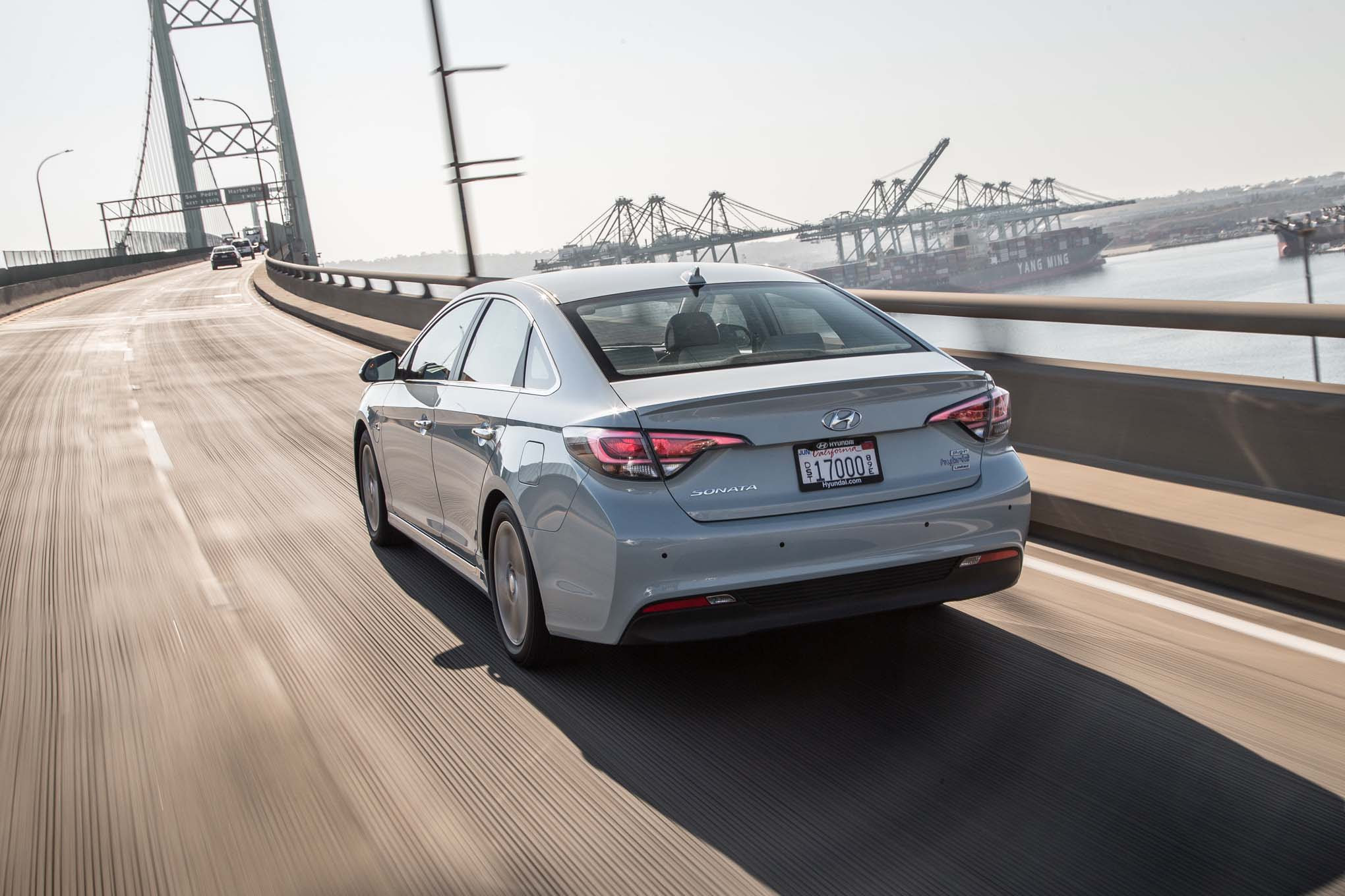 2016 Hyundai Sonata Plug In Hybrid rear three quarter in motion