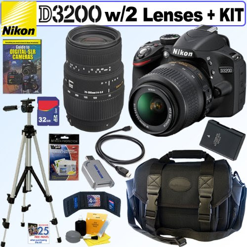 Nikon D3200 24.2 MP CMOS Digital SLR Camera with 18-55mm f/3.5-5.6G AF-S DX VR Lens and Sigma 70-300mm f/4-5.6 SLD DG Macro Lens with built in motor + EN-EL14 Battery + 32GB Deluxe Accessory Kit On Sale