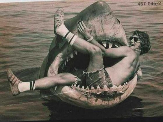 A fun picture from @ClassicPics of a young Steven Spielberg on the set of "Jaws" in 1974. The fake shark whose mouth Spielberg is climbing into was nicknamed "Bruce."