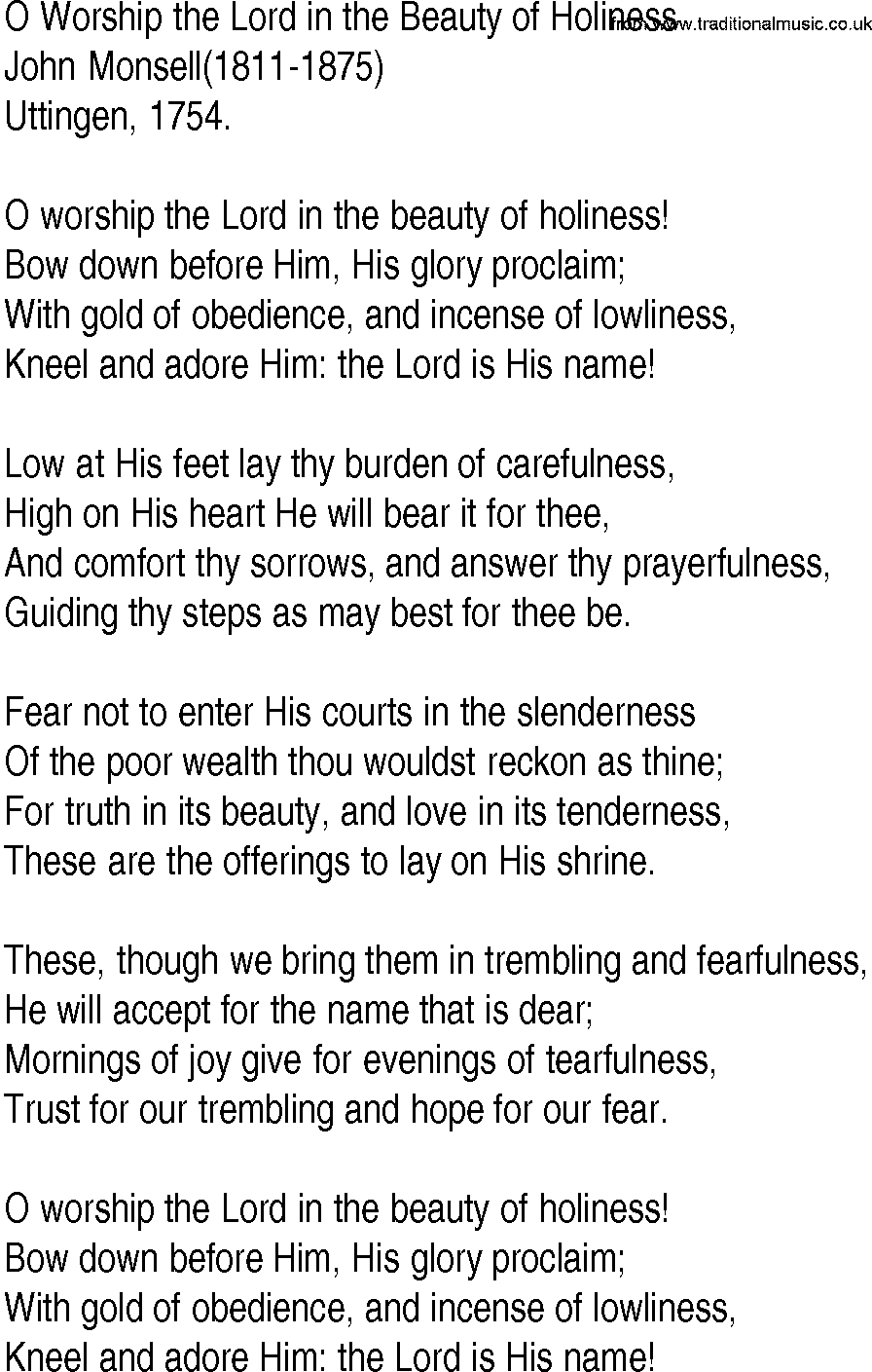 Hymn And Gospel Song Lyrics For O Worship The Lord In The Beauty Of Holiness By John Monsell