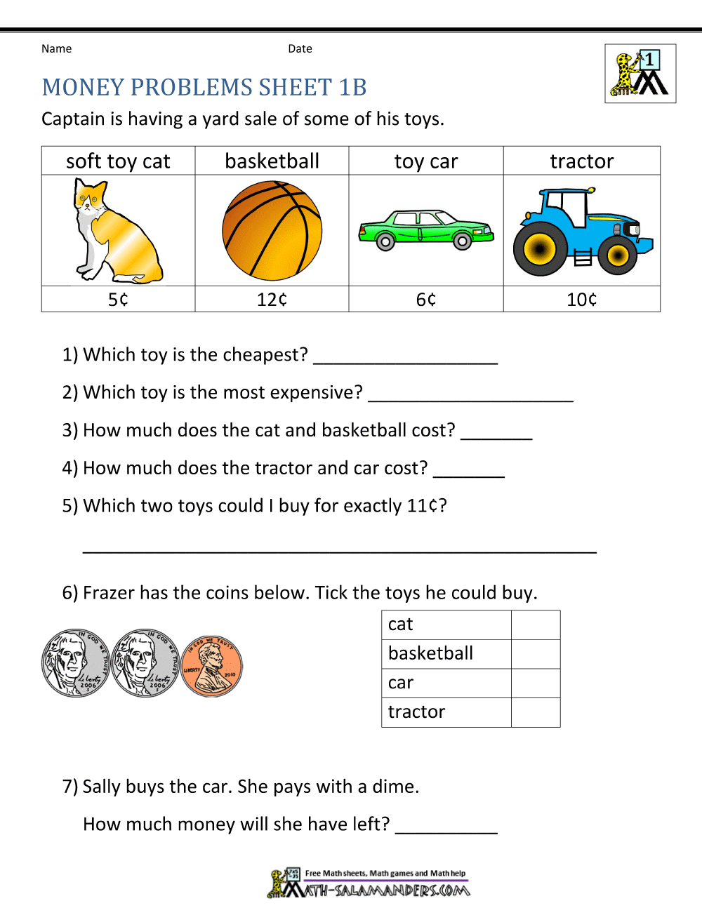 money worksheets math for 1 grade First Grade for Worksheets Money