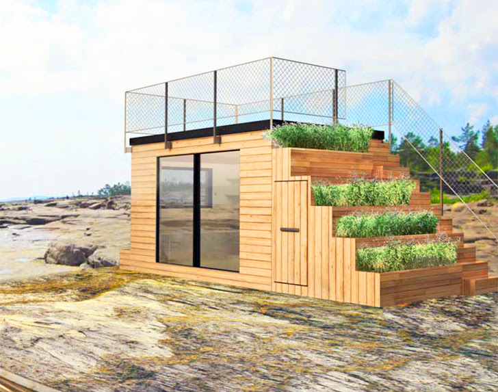 Steps is a tiny Swedish shelter with green steps that lead ...
