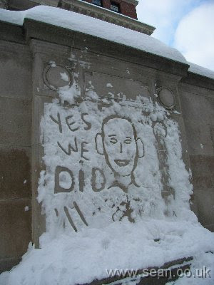 Obama's face carved in snow on Widdener Library