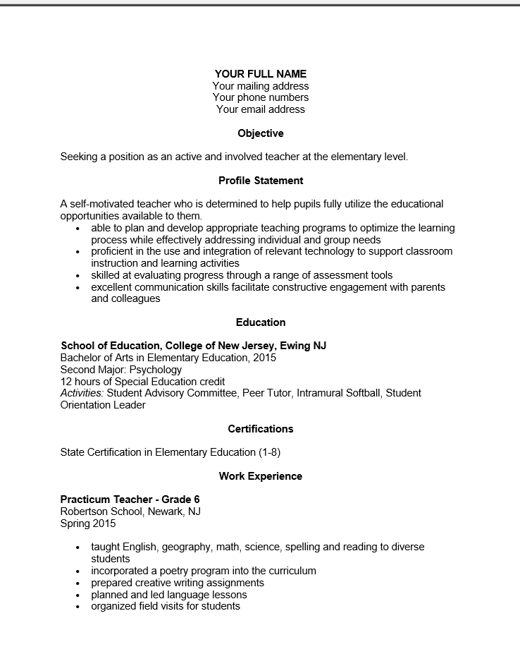 First Year (Entry Level) Teacher Resume Template : Resume ...