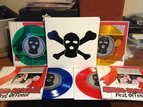 Masked Intruder - First Offense 7" - 4 colors of vinyl & screened box by Tim PopKid