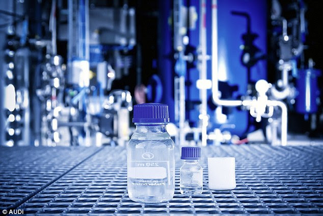 Audi claims to have created the fuel of the future - diesel (shown above) made from water and carbon dioxide. Experts used renewable energy to convert the carbon dioxide and water into a form of crude oil known as 'blue crude', which was then refined into diesel
