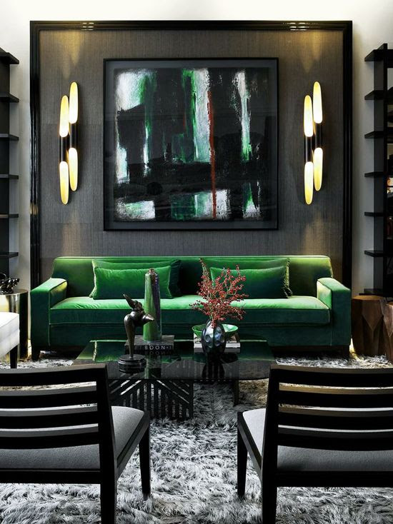 Emerald sofa with abstract art. #decor #painting #green #sofa #black #interior