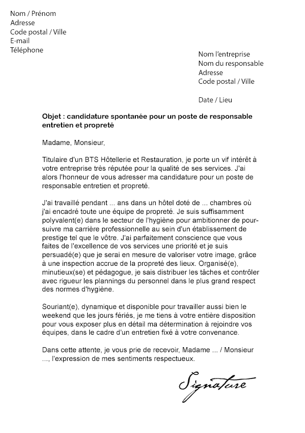 Lettre de motivation Responsable Entretien et Propreté 