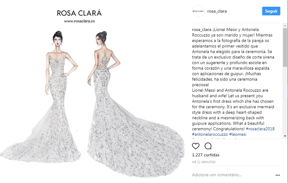 Empresa que fez o vestido de Antonela Roccuzzo revela o desenho e afirma que Messi já está casado (Foto: Instagram / @rosa_clara)