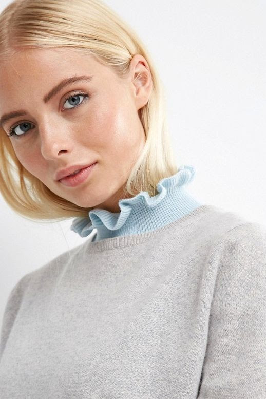 Le Fashion Blog Fall Style Layers Blonde Grey Sweater Pale Blue Ruffled Collared Bib Via ASOS