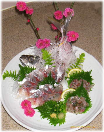 梅の花を飾った 鰺の姿造り 魚料理と簡単レシピ