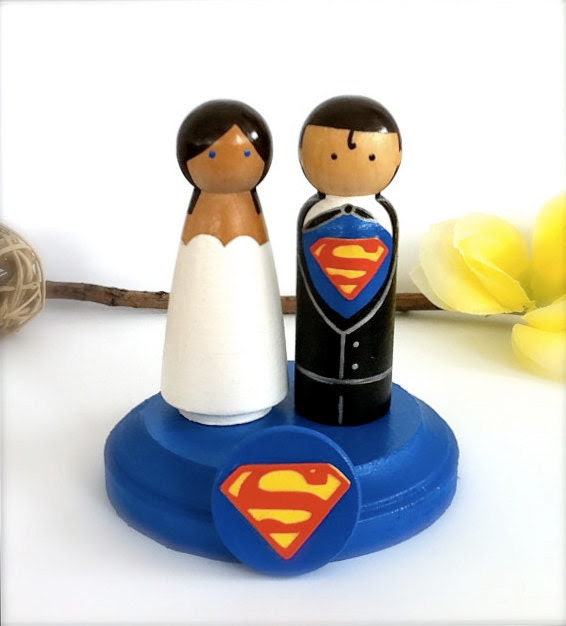 Superman Wedding Cake Topper with Superman Wood Stand Clark Kent Lois Lane 