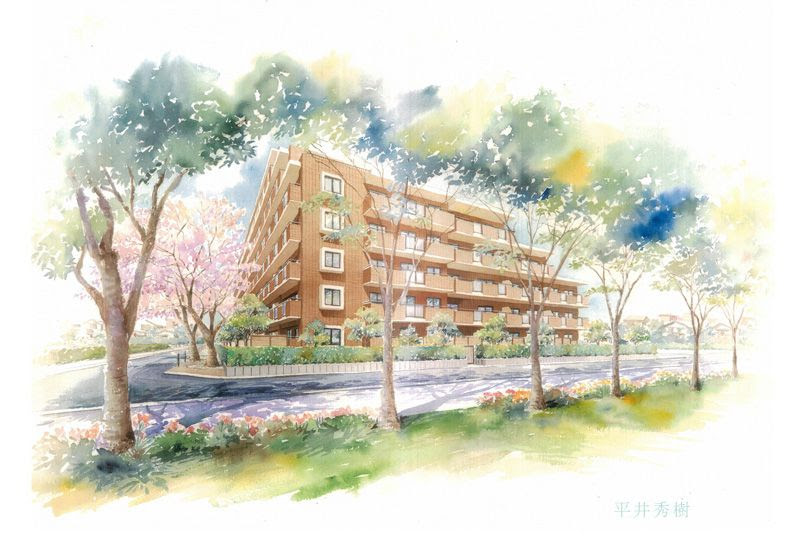 Sp02 並木のあるマンション 手書きパース 建築パース 手描きイラスト