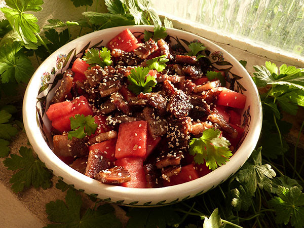 salade pastèque et lard fumé Jamie Oliver