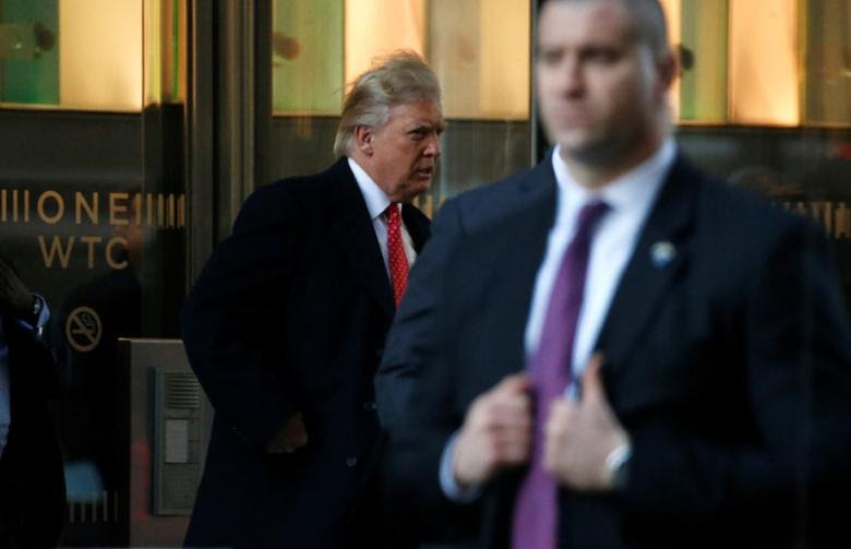 U.S. President-elect Donald Trump exits One World Trade Center following a meeting in Manhattan, New York City, U.S., January 6, 2017.  REUTERS/Brendan McDermid
