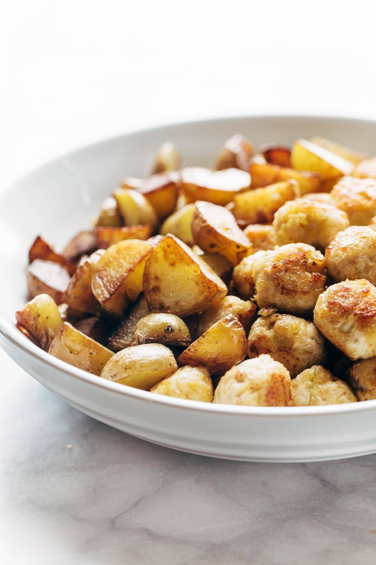 Crispy Potatoes and Mini Chicken Meatballs | pinchofyum.com