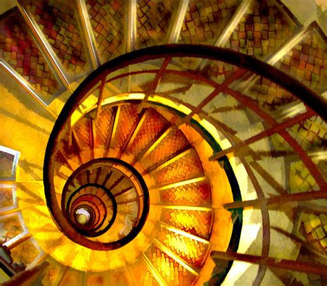 abstract golden nautilus spiral staircase painting