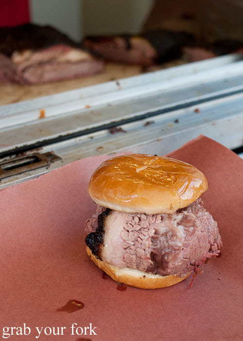 sliced brisket sandwich at la barbecue austin texas