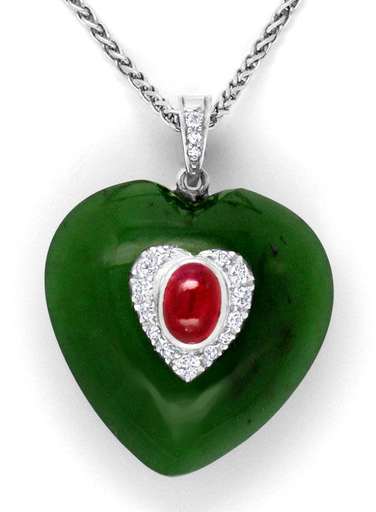 Original-Foto 2, WEISSGOLD-KOLLIER 1A-RUBIN JADE-HERZ 16DIAMANTEN LUXUS!