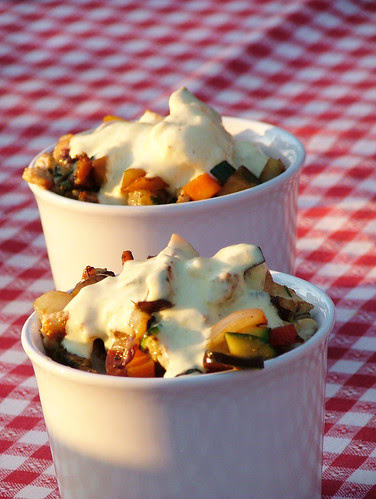 vegetebles and turkey sautè with horseradish-yogurt sauce