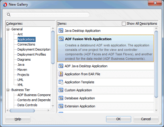 New gallery with Fusion Web Application selected.